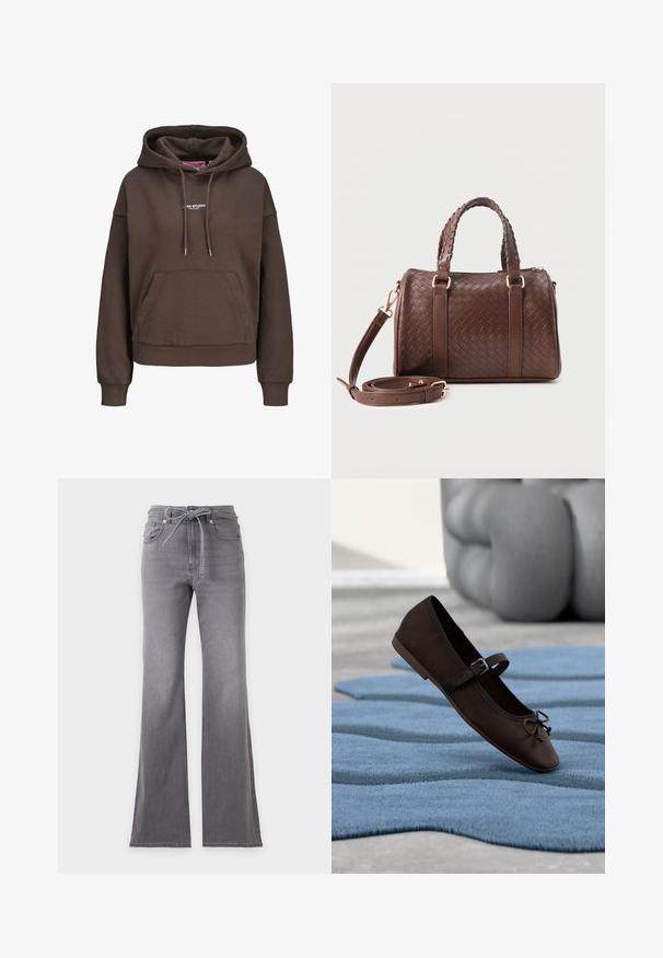 Brun oversized hættetrøje med forlommekænguru, justerbar snøre i hætten, ribkant ved ærmerne og lille hvid "XX STUDIO" logo på brystet.; Grå denimjeans med vide ben og et bindebælte vist fladt på en lys baggrund.; Mørkebrun Mary Jane-flad sko med spænde og sløjfedetalje, der hviler på en bølget blå tekstureret tæppe med grå polstret sofa i baggrunden.; Mørkebrun flettet læderhåndtaske med to fletninger som håndtag, gyldent metalbeslag og aftagelig skulderrem, der er snoet foran.