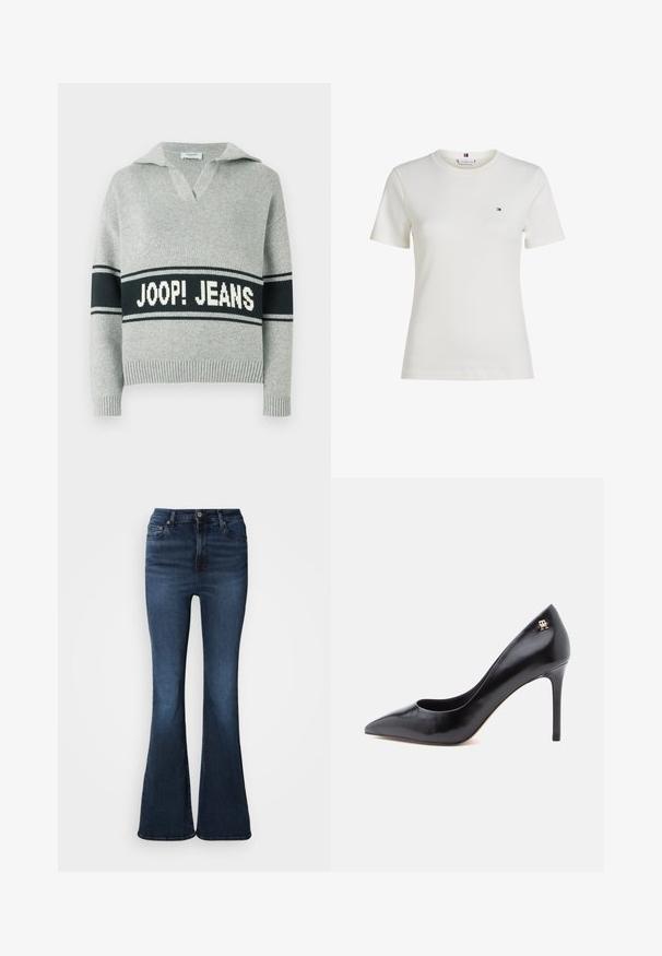 Svetlosivý pletený sveter so širokým čiernym pruhom a bielym nápisom "JOOP! JEANS" cez hruď, otvorený golier a rebrované manžety a lem.; Biela tričko s krátkym rukávom vyrobené z bavlny, s okrúhlym výstrihom a malým logom na ľavej hrudi. Hladká textúra, priliehavý strih.; Tmavomodré džínsy z rifľoviny so zvonovými nohavicami, vysokým pásom, predným zapínaním na gombík a zips, a klasickým päťvreckovým dizajnom.; Čierny vysoký podpätok z kože so špicatou špičkou, s dizajnom s výrezmi a malým zlatým logom na päte.