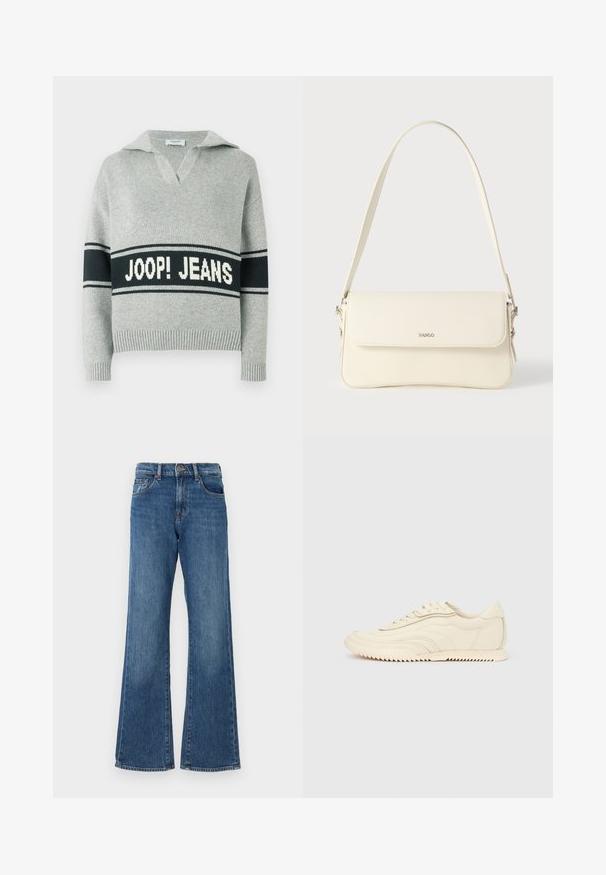 Lysegrå striktrøje med bred sort stribe og hvid "JOOP! JEANS" tekst over brystet, åben krave samt ribstrikkede manchetter og kant.; Blå denim flared jeans med høj talje, der har fem lommer og knaplukning. Stofmet har en let falmet finish.; Lavprofileret sneaker i cremefarve med bølget syning, snørebånd og en rilleret sål, vist fra siden på en ensfarvet baggrund.; Cremefarvet læder skuldertaske med flaplukning, sølvfarvet beslag, en enkelt justerbar rem og diskrete logodetaljer.