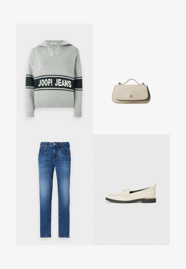Pull en maille gris clair avec une large bande noire et le texte blanc "JOOP! JEANS" sur la poitrine, col ouvert, poignets et ourlet côtelés.; Jean en denim bleu ajusté avec une finition délavée, cinq poches, fermeture à bouton à l'avant et détails de couture contrastés.; Mocassin en cuir crème avec une sangle décorative, des détails cousus et une semelle noire basse accentuée d'un talon doré.; Petit sac à main en cuir beige avec poignée supérieure et logo CK argenté sur le rabat avant, présenté sur fond blanc.