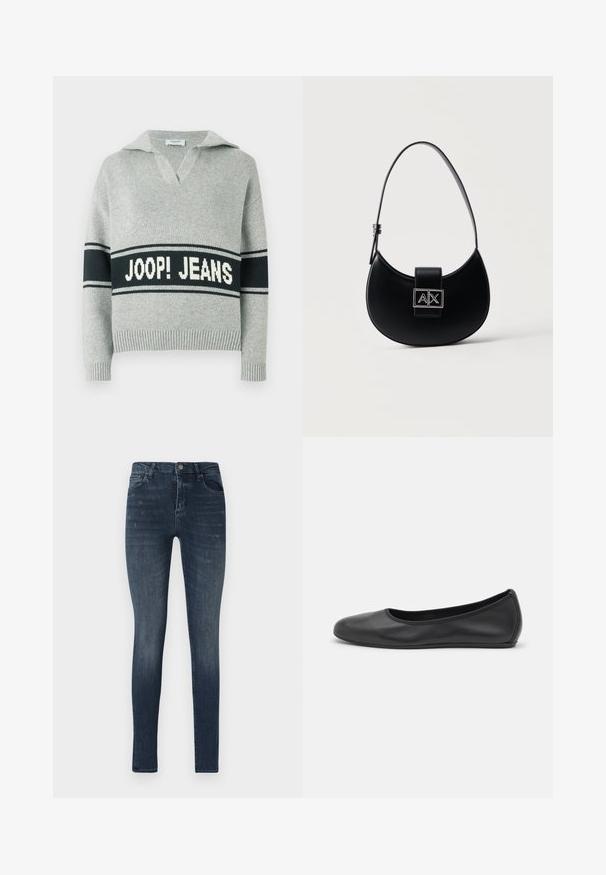 Pull en maille gris clair avec une large bande noire et le texte blanc "JOOP! JEANS" sur la poitrine, col ouvert, poignets et ourlet côtelés.; Jeans en denim slim fit de couleur bleu foncé, avec un design à cinq poches, un léger délavage et une fermeture à bouton à la taille.; Ballerines en cuir noir avec un bout rond, texture lisse, détails de couture minimalistes et design de semelle flexible.; Sac à main noir en forme de croissant avec une seule bandoulière réglable et un fermoir logo A|X argenté sur le rabat avant.