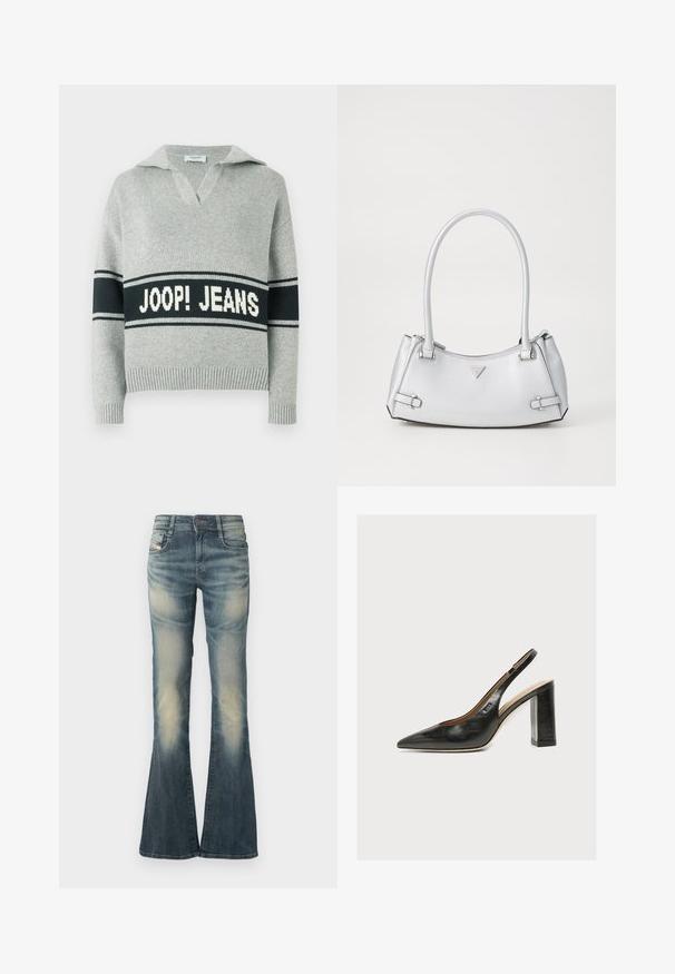 Lysegrå striktrøje med bred sort stribe og hvid "JOOP! JEANS" tekst over brystet, åben krave samt ribstrikkede manchetter og kant.; Denimjeans med vidde i en falmet blå farve med let slid. Har lukning med knapper foran, fem lommer og en talje i mellemhøjde.; Sort dameslingback pumpe i læder med spids tå og tyk høj blokhæl på hvid baggrund.; Sølv håndtaske med et struktureret design, der har to håndtag, en skinnende overflade, accenthardware og et trekantet logo på fronten.