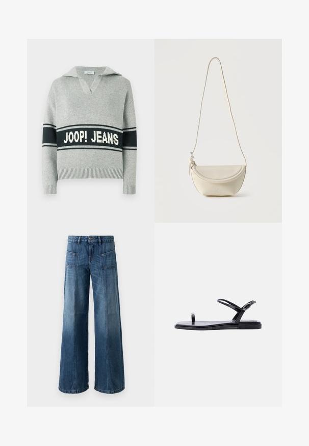 Svetlosivý pletený sveter so širokým čiernym pruhom a bielym nápisom "JOOP! JEANS" cez hruď, otvorený golier a rebrované manžety a lem.; Džínsy s širokými nohavicami vo vybledlej modrej denime. Majú päť vreciek, zatváranie na gombík a zips, s viditeľným šitím a voľným strihom.; Čierna plochá sandála s tenkými remienkami, slučkou na prsty a nastaviteľnou prackou na členku na jednoduchom bielom pozadí.; Malá krémová kožená kabelka cez rameno s zaoblenou klopou a dlhým tenkým remienkom visiacim na hladkom pozadí.