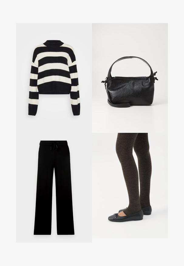 Pull court noir et blanc rayé avec une texture côtelée, présentant un col arrondi et des manches longues avec des épaules tombantes.; Pantalon noir à jambes larges avec taille élastique et cordon ajustable, présenté sur un fond clair uni.; Jambes portant des leggings côtelés foncés associés à des ballerines noires avec de petits détails en nœud sur fond blanc.; Sac à main en cuir noir au design structuré, avec une poignée arrondie et une bandoulière amovible. Présente une texture lisse et un éclat subtil.