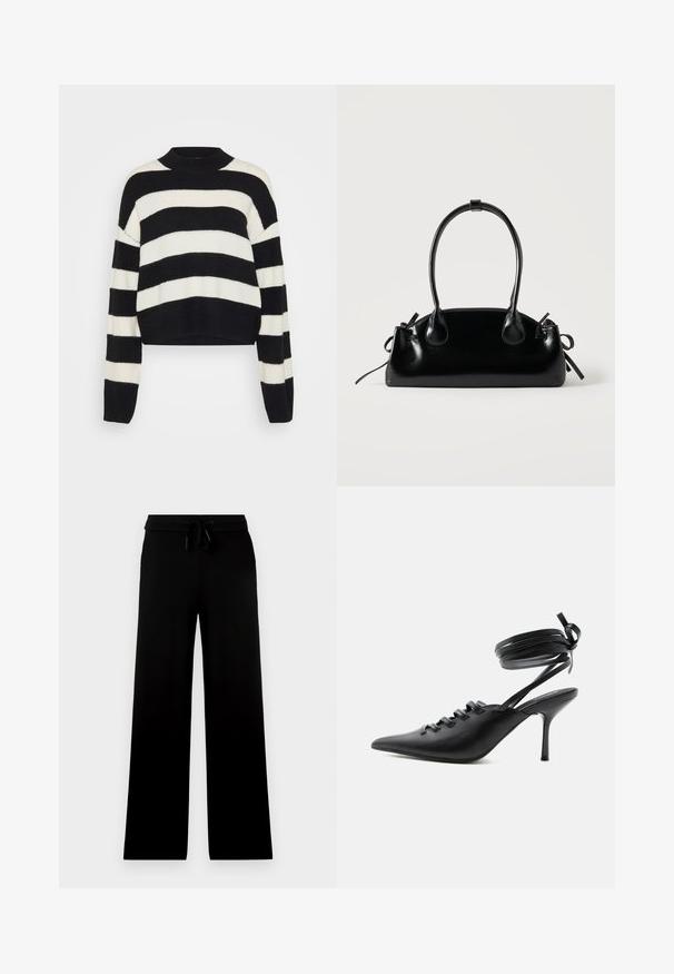 Pull court noir et blanc rayé avec une texture côtelée, présentant un col arrondi et des manches longues avec des épaules tombantes.; Pantalon noir à jambes larges avec taille élastique et cordon ajustable, présenté sur un fond clair uni.; Chaussure à talon haut noire à bout pointu avec laçage à l'avant et brides enroulées autour de la cheville nouées en nœud, vue de côté sur fond blanc.; Petit sac à main noir brillant avec deux longues anses et des détails à cordon sur les côtés sur un fond clair uni.