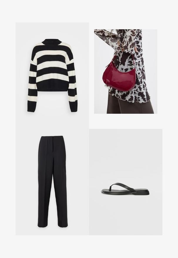 Pull court noir et blanc rayé avec une texture côtelée, présentant un col arrondi et des manches longues avec des épaules tombantes.; Pantalon de costume noir à jambe droite, taille haute et pli sur le devant sur un fond uni clair.; Tongs noires en cuir lisse, avec un design de sangle fine et une semelle plate à profil minimal. Aucun motif ou accent notables.; Femme portant un chemisier à motif noir et blanc tenant un sac à main rouge brillant sur un fond uni.