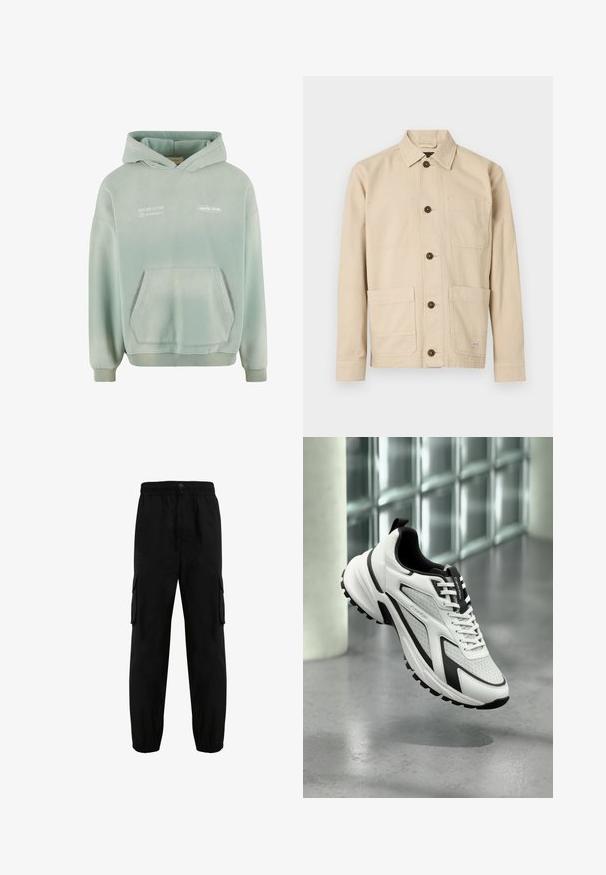 Sweat à capuche vert clair avec une poche kangourou, des poignets et un ourlet côtelés. Avec du texte imprimé en blanc à l'avant et une finition douce et texturée.; Veste de travail beige clair, tissu en coton, devant boutonné, col pointu, deux poches poitrine, deux poches basses, boutons marron, détails cousus.; Pantalons cargo noirs en tissu résistant, dotés d'une taille élastique, de poches latérales et de poignets élastiques aux chevilles. Design simple.; Chaussure de sport Calvin Klein blanche et noire avec semelle texturée, lacets à l'avant et languette brandée, flottant au-dessus d'un sol en béton poli.
