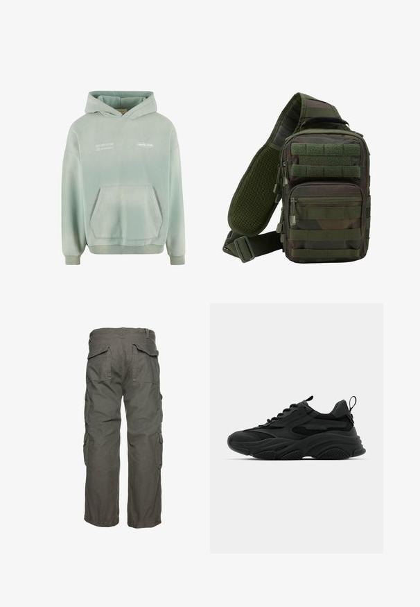 Lichtgroene hoodie met een buidelzak, geribbelde manchetten en zoom. Bevat witte bedrukte tekst op de voorkant en heeft een zachte, gestructureerde afwerking.; Olijfgroene cargobroek, voorzien van meerdere zijzakken, een relaxte pasvorm en verstelbare manchetten voor een goede pasvorm. Duurzaam katoenstof.; Zwarte sportieve sneakers met een chunky zool, mesh panelen en rubberen accenten. Voorzien van een trekband aan de hak en gestructureerde patronen.; Groene camouflage schoudertas met meerdere ritszakken, een verstelbare schouderband en een mesh achterpaneel voor ventilatie.