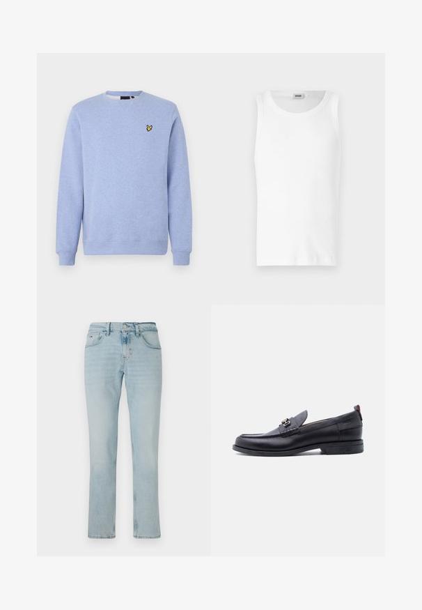Sudadera azul claro con cuello redondo, puños y bajo acanalados, con un pequeño logo amarillo de un pájaro en el pecho izquierdo.; Camiseta sin mangas de algodón blanco con cuello redondo y una textura suave. Diseño sencillo, sin patrones ni acentos.; Jeans de denim azul claro con un diseño de pierna recta, textura suave, bolsillos frontales y patrones de desgaste sutiles. Cuenta con un cierre de botón y cremallera.; Mocasín de cuero negro con empeine gris texturizado, detalle de hebilla metálica plateada, tacón bajo y lengüeta para tirar en la parte trasera.