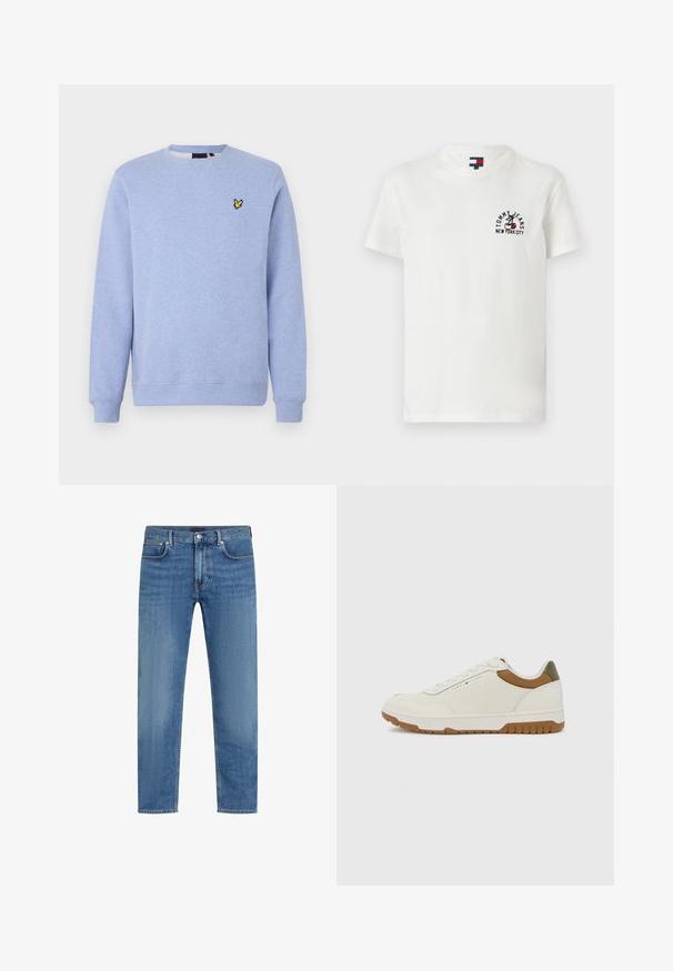 Sudadera azul claro con cuello redondo, puños y bajo acanalados, con un pequeño logo amarillo de un pájaro en el pecho izquierdo.; Camiseta de algodón blanca con cuello redondo y mangas cortas. Presenta un logo en negro y rojo con "TOMMY JEANS NEW YORK CITY" en el lado izquierdo del pecho.; Vaqueros de mezclilla azul de pierna recta con cinco bolsillos, cierre de botón y cremallera, y un ligero desvanecimiento en los muslos.; Tommy Hilfiger BASKET CORE - Zapatillas - ecru/army green