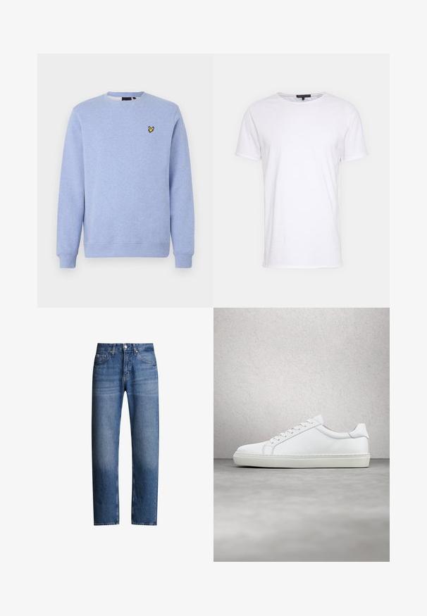 Sudadera azul claro con cuello redondo, puños y bajo acanalados, con un pequeño logo amarillo de un pájaro en el pecho izquierdo.; Camiseta de algodón blanca con cuello redondo, mangas cortas y corte recto. Presenta una textura simple y suave sin patrones adicionales.; Jeans de mezclilla azul con corte recto, cinco bolsillos y cremallera. Presentan un ligero desgaste y costuras a lo largo de las costuras.; Zapatilla blanca con parte superior de cuero liso y perfil bajo. Presenta una puntera redondeada, seis ojales y una suela de goma texturizada.