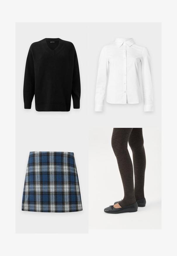 Pull noir en V fabriqué en matériau tricot doux. Dispose de manches longues, de poignets et d'un ourlet côtelés, et d'un motif texturé près du col.; Chemise blanche à manches longues avec boutons, col pointu, ourlet droit et silhouette ajustée, présentée sur un fond clair uni.; Jupe en tartan bleu présentant un motif à carreaux varié en bleu, noir et blanc. Fabriquée dans un tissu texturé avec une silhouette ajustée.; Jambes portant des leggings côtelés foncés associés à des ballerines noires avec de petits détails en nœud sur fond blanc.