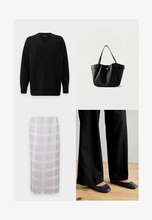 Suéter negro de cuello en V, hecho de un material de punto suave. Presenta mangas largas, puños y dobladillo acanalados, y un patrón texturizado cerca del escote.; Larga falda transparente en blanco con un patrón de cuadros gris. Tela suave y ligera con una cinturilla elástica, que termina a la altura del tobillo.; Pantalones anchos negros con una superficie texturizada, combinados con zapatos planos que tienen un lazo y un discreto diseño en relieve de cocodrilo en negro.; Bolso tote de cuero negro con dos correas para el hombro, un pequeño cierre dorado y el logo "Anna Field" sobre un fondo blanco.