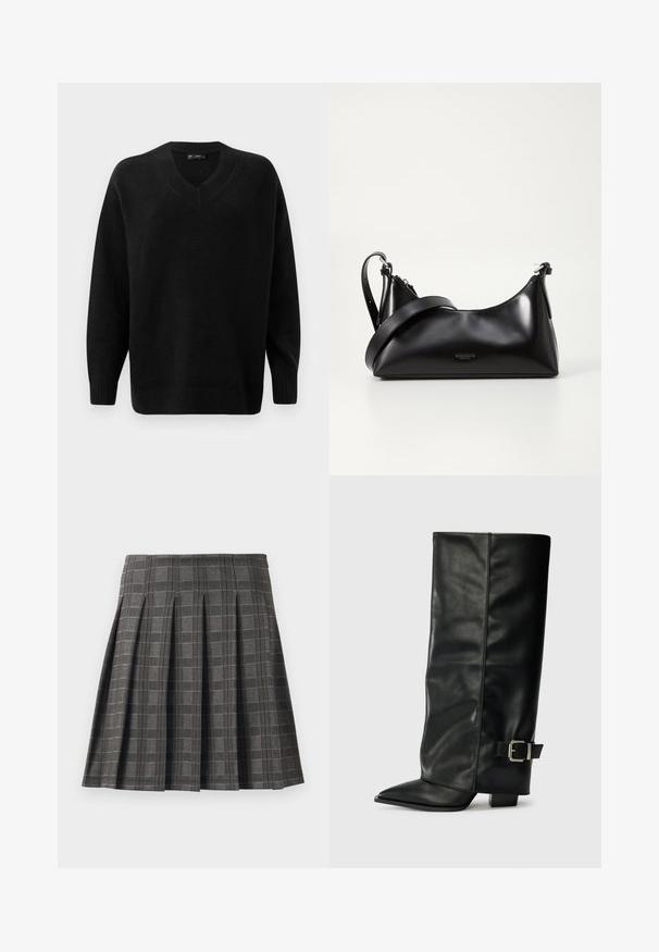 Pull noir en V fabriqué en matériau tricot doux. Dispose de manches longues, de poignets et d'un ourlet côtelés, et d'un motif texturé près du col.; Jupe plissée à motif écossais gris, fabriquée à partir d'un tissu texturé. Elle présente des plis verticaux et un ourlet droit.; Bottes noires en cuir longueur cheville avec un bout pointu, texture lisse et une accent en boucle argentée sur le côté. Talon carré épais.; Sac à main en cuir noir avec une texture lisse. Dispose d'une bandoulière adjustable et d'un design élégant et minimaliste avec une fermeture éclair.