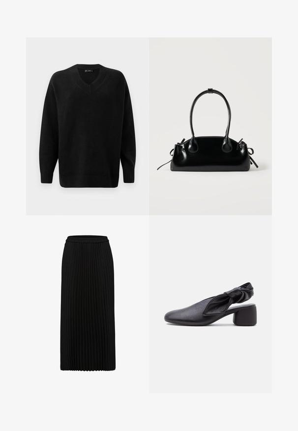 Pull noir en V fabriqué en matériau tricot doux. Dispose de manches longues, de poignets et d'un ourlet côtelés, et d'un motif texturé près du col.; Jupe midi plissée noire avec taille élastique et plis verticaux, présentée sur fond blanc.; Chaussure slingback en cuir noir avec bout arrondi, détail de bride nouée et petit talon carré sur fond blanc.; Petit sac à main noir brillant avec deux longues anses et des détails à cordon sur les côtés sur un fond clair uni.