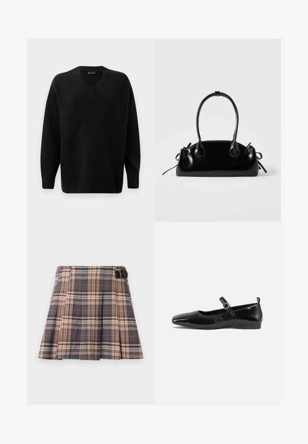 Pull noir en V fabriqué en matériau tricot doux. Dispose de manches longues, de poignets et d'un ourlet côtelés, et d'un motif texturé près du col.; Jupe à carreaux gris, beige et rouille ; présente des plis, un détail de boucle et une conception structurée. Fabriquée en tissu tissé.; Chaussure plate en cuir verni noir avec un bout pointu, une sangle de cheville avec boucles, et une texture lisse et brillante. Talon bas pour le confort.; Petit sac à main noir brillant avec deux longues anses et des détails à cordon sur les côtés sur un fond clair uni.