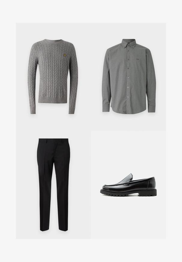 Pull en maille torsadée gris avec un col rond, des manches longues et un petit logo jaune brodé sur la poitrine. Poignets et ourlet côtelés.; Chemise grise à manches longues avec boutonnière, motif à fines mailles blanches et col, avec logo BOSS brodé sur la poitrine gauche.; Pantalons noirs ajustés en tissu lisse, présentant une jambe droite, des détails de pli raffinés et une taille classique avec passants de ceinture.; Mocassin en cuir noir avec semelle en caoutchouc épaisse, dessus cousu et nom de marque embossé sur le talon, présenté de profil sur fond blanc.