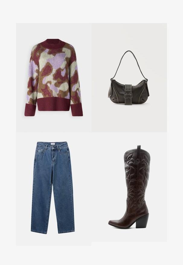 YAS Knitted YASTORIO - Pullover - port; Jean en denim bleu classique avec une coupe droite, cinq poches et une fermeture par bouton. Présente un lavage moyen et une texture robuste.; Botte de cowboy haute en cuir marron foncé avec motifs décoratifs cousus, bout pointu et talon bloc empilé.; Sac à épaule en cuir noir avec une sangle à boucle, des bords arrondis et des coutures blanches contrastées sur un fond uni.