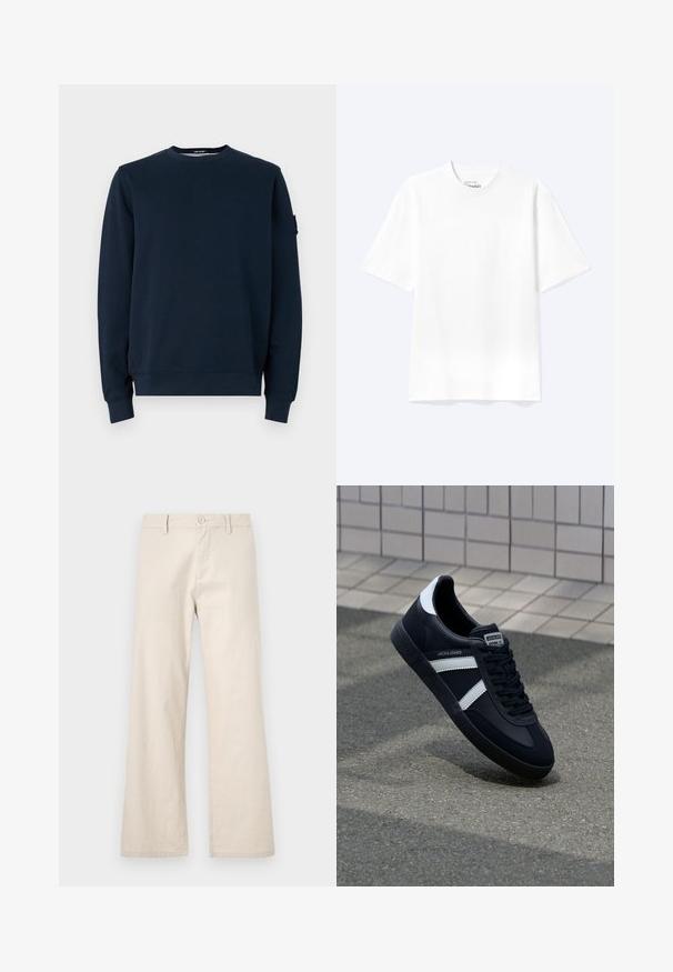 Mørkeblå sweatshirt lavet af bomuldsblanding. Har rund halsudskæring, lange ærmer, ribbede manchetter og et logo-tag på venstre ærme.; Enkel hvid T-shirt med korte ærmer og rund hals med afslappet pasform, vist på en lys baggrund.; Beige vide bukser lavet af letvægtsstof, med knaplukning og forlommer, med en glat, ubehandlet overflade.; Sort lædersneaker med hvide striber, tekstureret gummisål og snørrebånd foran. Har et brandet mærke på tungen.