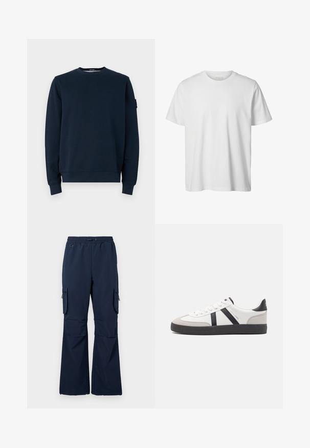 Mørkeblå sweatshirt lavet af bomuldsblanding. Har rund halsudskæring, lange ærmer, ribbede manchetter og et logo-tag på venstre ærme.; Enkelt hvid T-shirt med korte ærmer og rund hals, løs pasform og uden synlige logoer eller designs foran.; Marine cargo bukser lavet af letvægtsstof med snoretræk i taljen, to sidelommer og lynlås cargo lommer på begge ben.; Hvide sneakers med sorte og grå detaljer, med en tekstureret grå tåhætte, sort gummisål og flade hvide snørebånd. Rent design, minimalistisk stil.