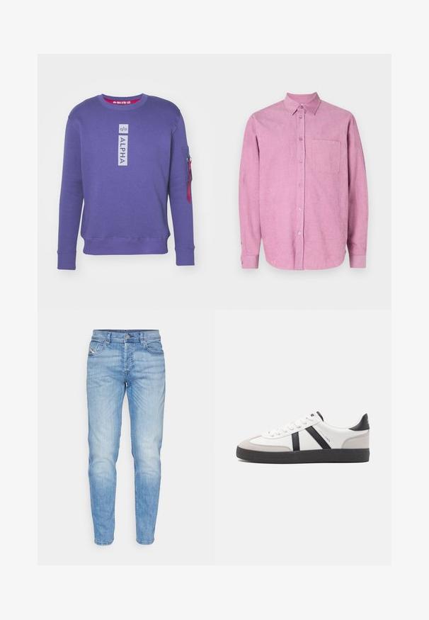 Sweat-shirt violet à col rond avec le logo "ALPHA" en vertical sur la poitrine et une poche zippée avec tirette rouge sur la manche gauche.; Chemise en velours côtelé rose avec un col boutonné, des manches longues et une poche sur la poitrine. Présente des côtes verticales et une fermeture à boutons sur le devant.; Jeans en denim bleu clair avec une coupe droite, featuring un design classique à cinq poches et un léger délavage sur le devant.; Baskets blanches avec des accents noirs et gris, présentant un embout texturé gris, une semelle en caoutchouc noir et des lacets plats blancs. Design épuré, style minimaliste.