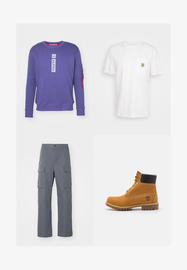 Sudadera morada con cuello redondo con el logo "ALPHA" en vertical en el pecho y bolsillo con cremallera con tira roja en la manga izquierda.; Camiseta de algodón blanca con mangas cortas, un bolsillo en el pecho y un pequeño parche cuadrado de logo en naranja y blanco en el bolsillo.; Pantalones cargo grises hechos de una tela duradera. Las características incluyen una cinturilla elástica, dos grandes bolsillos laterales y un corte recto.; Botín de cuero marrón con ojales de metal, forro de piel sintética blanca, cuello acolchado negro, suela resistente y logotipo en relieve en el costado.