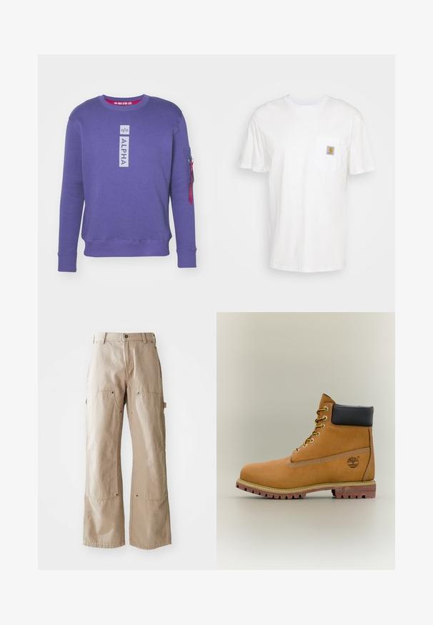 Sudadera morada con cuello redondo con el logo "ALPHA" en vertical en el pecho y bolsillo con cremallera con tira roja en la manga izquierda.; Camiseta de algodón blanca con mangas cortas, un bolsillo en el pecho y un pequeño parche cuadrado de logo en naranja y blanco en el bolsillo.; Pantalones de pierna ancha beige, confeccionados en un resistente tejido de algodón. Cuenta con bolsillos delanteros y laterales, costuras visibles y acentos de metal en los bolsillos.; Bota de tobillo de cuero marrón con cuello negro, cordones amarillos y suela beige. Presenta un logotipo y detalles de costura blanca. Suela exterior con tracción robusta.