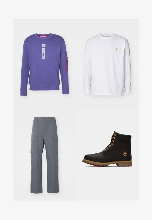 Sudadera morada con cuello redondo con el logo "ALPHA" en vertical en el pecho y bolsillo con cremallera con tira roja en la manga izquierda.; Camiseta de manga larga blanca de algodón. Cuenta con un pequeño logo dorado en el pecho y un cuello redondo. Diseño simple y corte estándar.; Pantalones cargo grises hechos de una tela duradera. Las características incluyen una cinturilla elástica, dos grandes bolsillos laterales y un corte recto.; Bota de cuero negro de tobillo con ojales dorados, acentos marrones y suela de goma. Presenta un cuello acolchado y un logotipo en relieve en el costado.