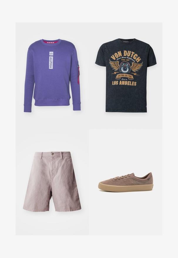 Sweat-shirt violet à col rond avec le logo "ALPHA" en vertical sur la poitrine et une poche zippée avec tirette rouge sur la manche gauche.; T-shirt noir Von Dutch avec un graphisme d'un globe oculaire ailé portant des lunettes, texte vintage "Sweet Home California Since 1929" et "Los Angeles."; Shorts en coton violet clair avec une taille plate, une fermeture à bouton sur le devant et des poches latérales. Texture lisse avec une coupe décontractée.; Baskets en daim marron clair avec une semelle en caoutchouc, bout rond, design à lacets et accents latéraux subtils pour une texture ajoutée.