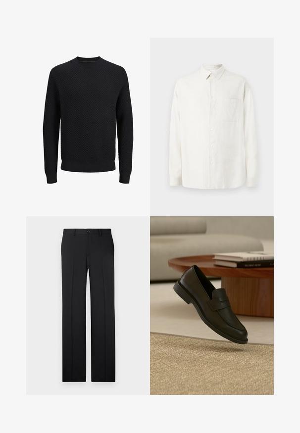 Jersey negro de punto con cuello redondo y patrón texturizado de trazos cruzados, mangas largas y puños y dobladillo acanalados.; Camisa blanca de manga larga, con cuello, un bolsillo en el pecho y un sutil patrón texturizado en la tela.; Pantalones negros a medida con corte recto, tejido suave, pliegues frontales y un cierre de botón en la cintura.; Zapato mocasín de cuero negro mostrado en el aire sobre una alfombra beige tejida, con una mesa de madera y libros apilados en una sala de estar con luz suave.