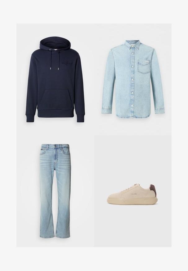 Marineblå hættetrøje lavet af en blanding af bomuld, med en frontlomme i kængurustil, justerbare snore, ribbede manchetter og præget logo-detalje.; Lyseblå denim-skjorte med lange ærmer, knaplukning foran, enkelt brystlomme med Calvin Klein-logo og spids krave.; Lyseblå denimjeans med lige ben, der har fem lommer, knaplukning og en subtil falmning på stoffet.; Beige ruskind sneakers med rund tå, snørret foran og en brun ruskindsdetalje på hælen. Har en tekstureret gummisål.