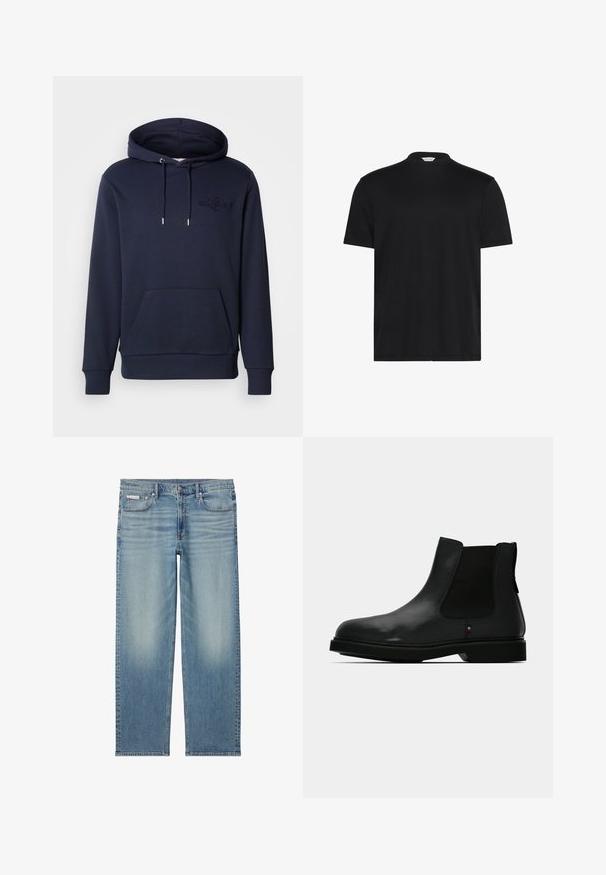 Marineblå hættetrøje lavet af en blanding af bomuld, med en frontlomme i kængurustil, justerbare snore, ribbede manchetter og præget logo-detalje.; Sort T-shirt med en kort, høj halsudskæring. Fremstillet af blødt stof, den har korte ærmer og en afslappet pasform uden bemærkelsesværdige mønstre eller accenter.; Lyseblå straight-leg denim jeans med falmede detaljer, frontknap og lynlås samt fem-lomme design inklusive et lille Calvin Klein mærke på lommen.; Sort læder Chelsea-støvle med elastiske sidepaneler, rund tå og tekstureret overdel. Har en flad gummisål og diskret mærkedetalje.