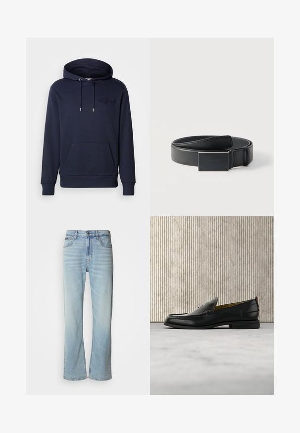 Marineblå hættetrøje lavet af en blanding af bomuld, med en frontlomme i kængurustil, justerbare snore, ribbede manchetter og præget logo-detalje.; Lyseblå denimjeans med lige ben, der har fem lommer, knaplukning og en subtil falmning på stoffet.; Sort læder herreloafer med krokodillepræget forstykke og lav hæl, vist i profil på en neutral baggrund.; Sort læderbælte, snoet med en rektangulær mat sort spænde og diskret præget logo på hvid baggrund.