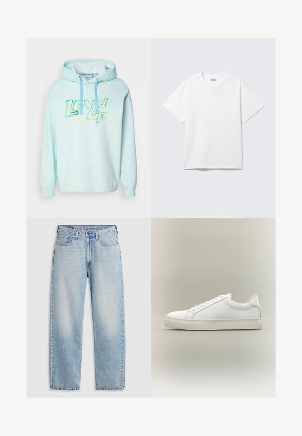 Hellblaues Kapuzensweatshirt mit einem grafischen Druck "Level Up" in Gelb und Blau. Verfügt über verstellbare Kordeln und lange Ärmel.; Weißes T-Shirt mit kurzen Ärmeln und Rundhalsausschnitt, flach liegend, schlichtes Design, mit „WEEKDAY“-Etikett innen im Kragen auf hellem Hintergrund.; Helleblaue Jeans im geraden Schnitt mit fünf Taschen, Metallknopfverschluss und verblasstem Detail an Oberschenkeln und Knien, flach auf einem weißen Hintergrund ausgebreitet.; Weißer Sneaker mit niedrigem Schaft, vorn mit Schnürung und dicker Sohle, aus der Seitenansicht vor neutralem Hintergrund.