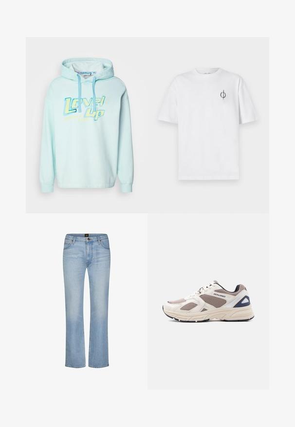 Hellblaues Kapuzensweatshirt mit einem grafischen Druck "Level Up" in Gelb und Blau. Verfügt über verstellbare Kordeln und lange Ärmel.; Weißes Baumwoll-T-Shirt mit lockerer Passform, das ein kleines schwarzes Grafiklogo auf der linken Brustseite aufweist. Kurze Ärmel, Rundhalsausschnitt.; Hellblaue Jeans mit geradem Bein, Fronttaschen, Gürtelschlaufen, Reißverschluss und einem gebrandeten Knopfverschluss an der Taille.; Beige und taupefarbener Mesh- und synthetischer Sportschuh mit Schnürung vorne, gepolsterter Sohle und "JACK & JONES" Logo an der Seite.