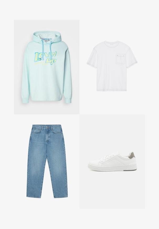 Sudadera con capucha azul claro con un estampado gráfico que dice "Level Up" en amarillo y azul. Cuenta con cordones ajustables y mangas largas.; Camiseta de algodón blanca con mangas cortas, cuello redondo y un bolsillo en el pecho. Presenta costuras en contraste a lo largo de los bordes.; Pantalones vaqueros de mezclilla azul claro con corte de pierna recta, diseño de cinco bolsillos y textura ligeramente desgastada. Cuentan con cierre de botón y cremallera.; Zapatilla blanca con material de cuero liso, punta redonda, diseño minimalista, acento gris en el talón y suela de goma texturizada.