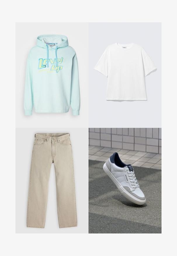 Lyseblå hættetrøje med grafisk print "Level Up" i gul og blå. Har justerbare snore og lange ærmer.; Hvid oversized t-shirt med korte ærmer og rund halsudskæring med sænkede skuldre, fladt lagt på lys grå baggrund.; Beige denimjeans med løs pasform, der har fem lommer, lukning med knap og lynlås samt synlige syninger langs sømmene.; Hvide sneakers med grå og marineblå accenter, der har en glat læder- og ruskindsoverdel, snørebåndslukning og struktureret gummisål.