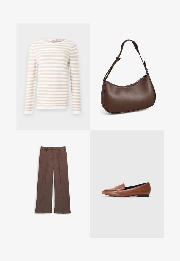 T-shirt à manches longues rayé en beige et blanc, fabriqué en tissu texturé avec un col rond et un ourlet droit.; Pantalons large en marron, fabriqués à partir d'un tissu texturé. Comprend deux poches à l'avant et une coupe ajustée avec deux boutons à la taille.; Mocassins en cuir marron avec un bout pointu, featuring une sangle décorative sur le dessus et un petit talon carré. Texture lisse.; Petit sac bandoulière en cuir marron avec sangle réglable et fermeture éclair, présenté sur fond blanc. Aucun logo ou décoration visible.