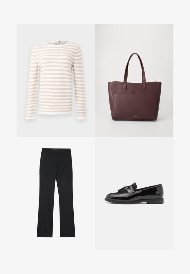 T-shirt à manches longues rayé en beige et blanc, fabriqué en tissu texturé avec un col rond et un ourlet droit.; Pantalon noir à coupe droite, en tissu lisse et sans motifs visibles. Conçu avec des poches avant classiques et un zip.; Mocassins en cuir verni noir avec un bout arrondi, une sangle décorative en daim noir et une semelle en caoutchouc plate. Texture lisse avec une finition brillante.; Sac fourre-tout synthétique bordeaux avec deux poignées, design plat, accents en métal doré et une poche avant. Logo situé à la base.