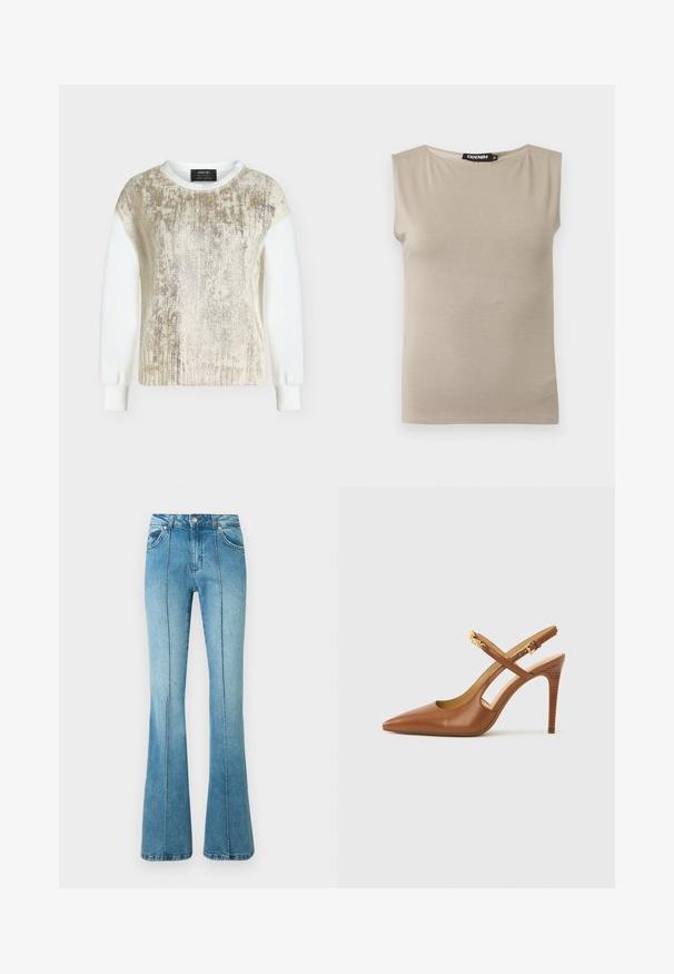 Haut blanc à manches longues avec un panneau avant texturé doré brillant et des poignets côtelés, présenté sur un fond clair uni.; Haut beige en coton sans manches avec larges bretelles et col rond, taille moyenne, posé à plat sur fond blanc.; Jeans en denim bleu clair taille haute avec des détails de couture à l'avant, des poches avant, des passants pour ceinture et des jambes évasées sur fond blanc.; Escarpin à talon haut en cuir marron avec bride arrière, bout pointu, doté de brides croisées et d'un talon en bois texturé. Accent doré sur la bride.