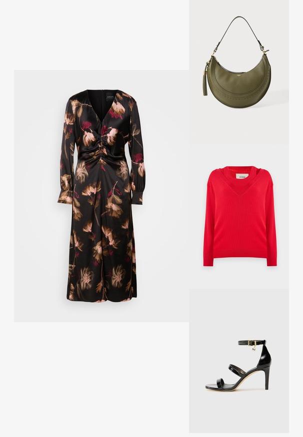 Rød ribbet sweater med v-hals design og lange ærmer. Har en let cropped pasform og struktureret strikstof.; Sorte blomsterkjole med lange ærmer, V-hals, drapering ved taljen og en let silhuet. Udsmykket med lyserøde og brune blomstermønstre.; Sorte patenterede lædersandaler med tre stropper, ankelspænde og 10 cm stiletthæl. Har detaljer i guld og et logo charms.; Olivengrøn halvmåneformet læderhåndtaske med én skulderrem, guldfarvet hardware og en stor kvast, der hænger i venstre side.