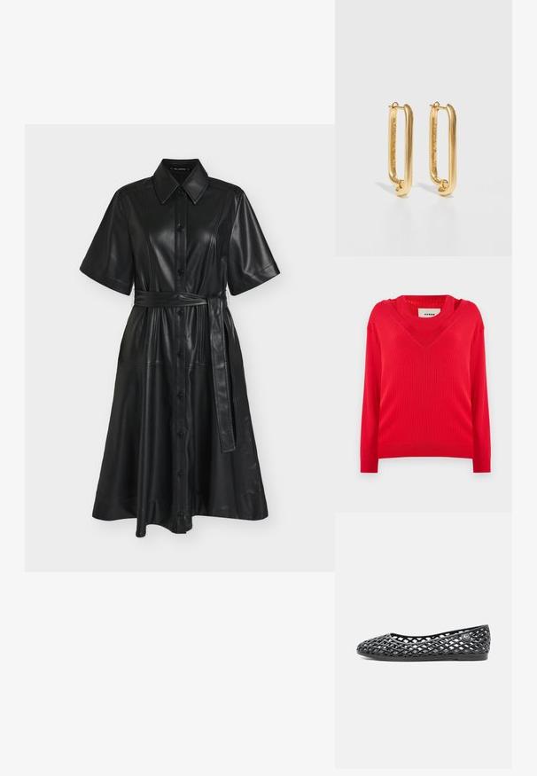 Rød ribbet sweater med v-hals design og lange ærmer. Har en let cropped pasform og struktureret strikstof.; Sort kortærmet midikjole i kunstlæder med krave, knapper foran og matchende bælte bundet i taljen.; Sort flad sko med åbent gitterdesign og rund tå, med en lille metal logo på siden nær hælen.; Guldtonede hoop øreringe med rektangulær form, der har en glat overflade og et minimalistisk design. Poleret metaltekstur, sikker lukning.