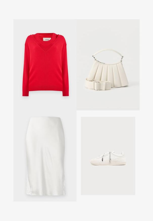 Rød ribbet sweater med v-hals design og lange ærmer. Har en let cropped pasform og struktureret strikstof.; Hvid satin midi nederdel med høj talje og blonderindsatser i sidesømmene, vist på en ensfarvet lys baggrund.; Hvid lavtop sneaker med stofsnørebånd og små dekorative perler på siden, sat mod en ensartet lys baggrund.; Hvid plisseret håndtaske med kort håndtag og en bred aftagelig tekstureret skulderrem med sølvspænde.