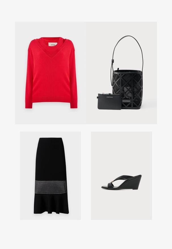 Rød ribbet sweater med v-hals design og lange ærmer. Har en let cropped pasform og struktureret strikstof.; Sort ribbet strikket blyantskirt med en udvidet bund og en midtersektion af sølvfarvede cirkulære udskæringer. Glat tekstur, tætsiddende design.; Sort kile-sandal med åben tå og krydsede stropper, med lille gyldent dekorativt element på den øverste strop mod en ensfarvet baggrund.; Sort spandformet håndtaske med geometrisk udskæringsdesign og matchende lille lynlåspung, begge mærket Emporio Armani.