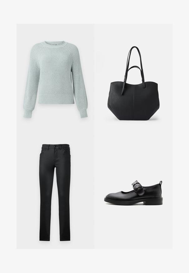 Lyseblå strikket sweater med ribbet tekstur, rund halsudskæring og raglanærmer. Har tætsiddende manchetter og en afslappet pasform ved livet.; TOM TAILOR TTLUCIE SKINNY FIT - Jeans Skinny Fit - coated black denim; Sort læder Mary Jane-sko med tyk sål, rundet tå, sølvspænde og trækflig bagpå.; Sort tote taske med glat, struktureret læder, afrundet top og to lange håndtag. Har en vinkelret bund for stabilitet og et struktureret design.