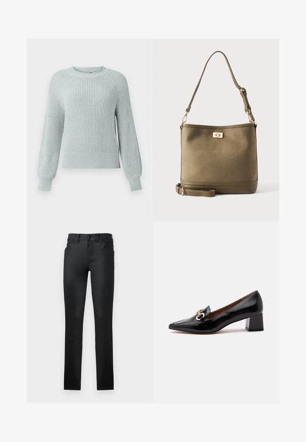 Helles blaues Strickpullover mit ribbeliger Textur, Rundhalsausschnitt und Raglanärmeln. Verfügt über enganliegende Bündchen und eine lockere Passform an der Taille.; TOM TAILOR TTLUCIE SKINNY FIT - Jeans Skinny Fit - coated black denim; Schwarzer Lackleder-Loafer mit niedrigem Blockabsatz, goldener Kettendekoration oben, spitzer Spitze und braunem Innenfutter.; Olivegrüne Bucket-Handtasche mit verstellbarem Schulterriemen und goldfarbenem Drehverschluss vorne.