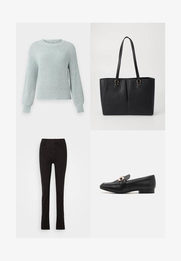 Lyseblå strikket sweater med ribbet tekstur, rund halsudskæring og raglanærmer. Har tætsiddende manchetter og en afslappet pasform ved livet.; Sorte denimjeans med slim fit, høj talje, fem lomme-design og bredde forneden. Glat tekstur uden synlige logoer eller udsmykninger.; Sort læder mokkasin med lav hæl, der har en guldfarvet dekoreret rem over vristen og et glat, strømlinet design.; Sort faux læder tote taske med en tekstureret finish, to lange håndtag og hardware i guld tone-accenter på siden. Rektangulær form.