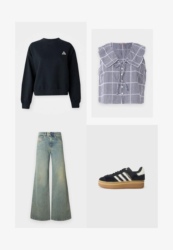 Sweatshirt noir court en tissu doux. Il présente un col rond et des poignets côtelés. Inclut un petit logo triangulaire blanc sur la poitrine gauche.; Blouse sans manches à carreaux bleu marine et blanc avec grand col carré, boutons sur le devant et détail noué au niveau de l'encolure.; Jeans larges bleu clair à taille haute, avec un design classique à cinq poches et un léger délavage. Texture en denim, finition unie.; Baskets noires duveteuses avec des rayures blanches et une inscription dorée, dotées d'une épaisse semelle en caoutchouc et d'un dessus texturé. Accentué par un dos duveteux.