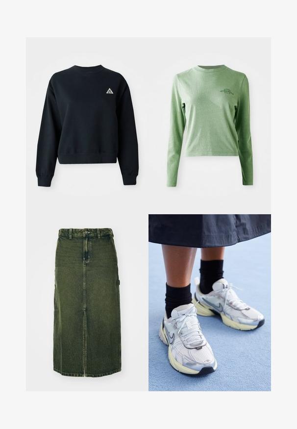 Schwarzer, kurzer Sweatshirt aus weichem Stoff. Hat einen Rundhalsausschnitt und gerippte Bündchen. Beinhaltet ein kleines, weißes Dreieck-Logo auf der linken Brust.; Hellgrünes Langarm-T-Shirt aus weicher Baumwolle, mit Rundhalsausschnitt und einem kleinen gedruckten Logo auf der oberen linken Seite.; Grünes Denim-Kleid mit mittellangem Schnitt, vorderem Schlitz, Knopfschluss und Gürtelschlaufen. Die Textur ist leicht verblasst, mit Seitentaschen.; Weiße und silberne Nike-Sneaker aus Mesh-Gewebe, mit reflektierenden Akzenten und einer beigen Sohle. Getragen mit schwarzen Socken und stehend auf einer blauen Fläche.