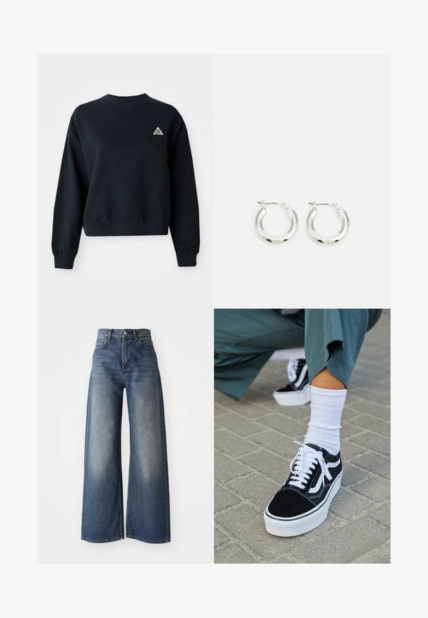 Must have musta plätšitud sweatshirt, mis on valmistatud pehmest kangast. Omab ümmargust kaelaauku ja soonikkoes varrukat. Vasakul rinnal on väike valge kolmnurga logo.; Sinine kõrge vöökoht ja laiad teksad, millel on ees nööp ja taskud, tuhm tekstuur reitel ja sirge serv.; Mustjad sametist tennisjalanõud valgete aktsentide ja nööridega, millel on paks valge tald ja kontrastsed õmblused, koos valge sokiga.; Hõbedased rõngaskõrvarõngad poleeritud viimistlusega, ringikujulise kujuga ja hingedega kinnitusega. Sile tekstuur minimaalsete detailidega.